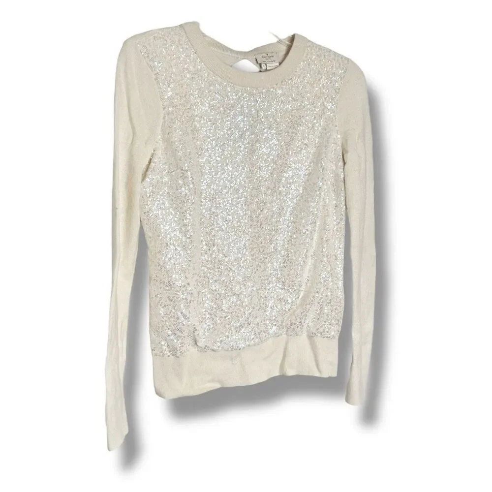 Kate Spade New York Ivory Sequin Front Sweater Keyhole Back Black Satin Bow Sz S